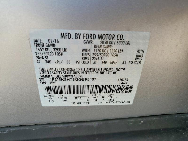 2016 Ford Explorer მანქანა იყიდება აუქციონზე, vin: 1FM5K8HT8GGB95467, აუქციონის ნომერი: 65576136