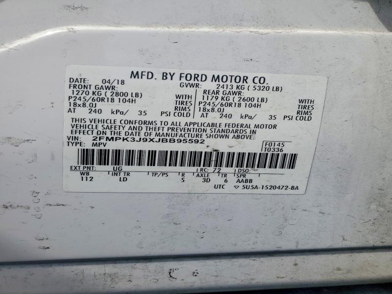 66625986 :رقم المزاد ، 2FMPK3J9XJBB95592 vin ، 2018 Ford Edge مزاد بيع