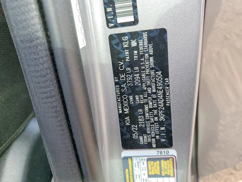 65010306 :رقم المزاد ، 3KPF24AD4NE490504 vin ، 2022 Kia Forte مزاد بيع