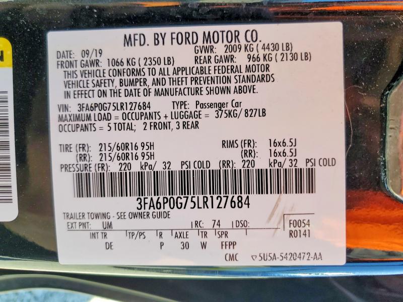 63437096 :رقم المزاد ، 3FA6P0G75LR127684 vin ، 2020 Ford Fusion مزاد بيع