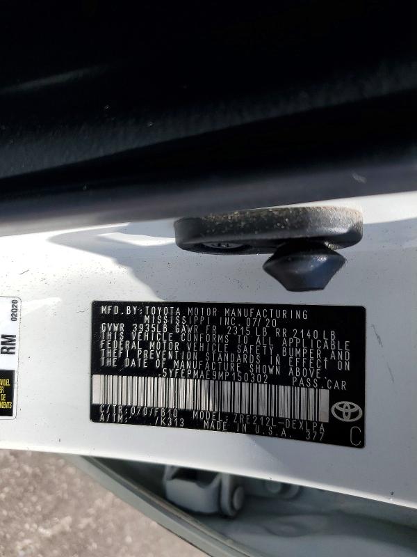 Продаж на аукціоні авто 2021 Toyota Corolla, vin: 5YFEPMAE9MP150302, номер лоту: 63488846