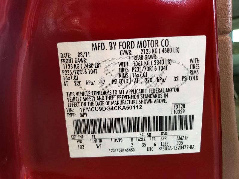 63448576 :رقم المزاد ، 1FMCU9DG4CKA50112 vin ، 2012 Ford Escape مزاد بيع
