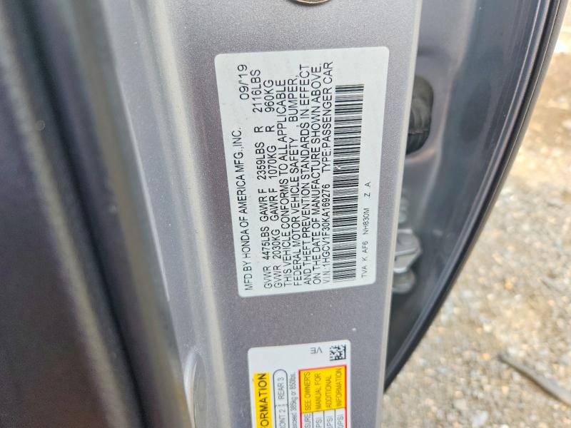 63700716 :رقم المزاد ، 1HGCV1F30KA169276 vin ، 2019 Honda Accord مزاد بيع