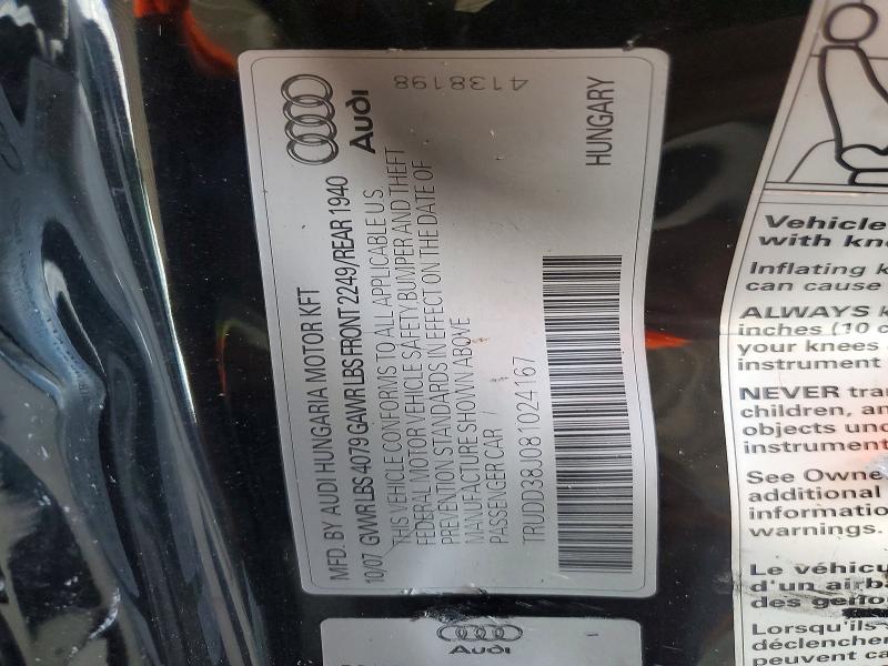 2008 Audi Tt მანქანა იყიდება აუქციონზე, vin: TRUDD38J081024167, აუქციონის ნომერი: 63430776