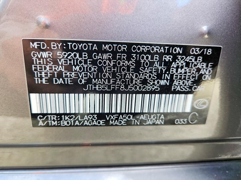 66997166 :رقم المزاد ، JTHB5LFF8J5002895 vin ، 2018 Lexus Ls مزاد بيع