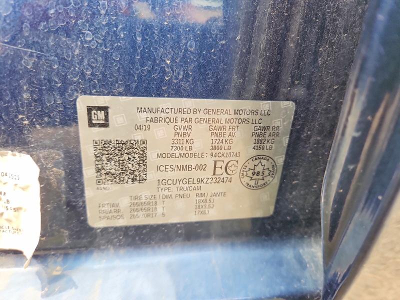 64064826 :رقم المزاد ، 1GCUYGEL9KZ332474 vin ، 2019 Chevrolet Silverado مزاد بيع