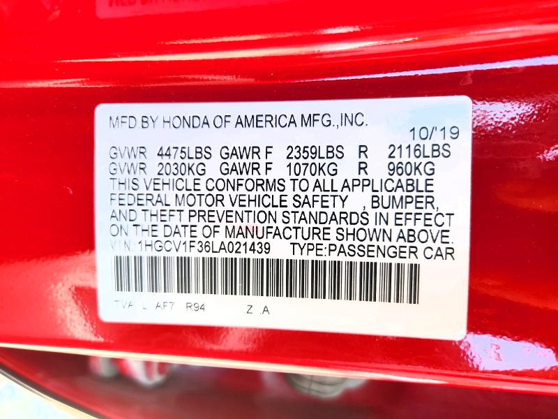 2020 Honda Accord მანქანა იყიდება აუქციონზე, vin: 1HGCV1F36LA021439, აუქციონის ნომერი: 65800446