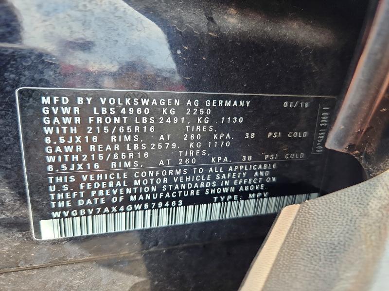 64199586 :رقم المزاد ، WVGBV7AX4GW579463 vin ، 2016 Volkswagen Tiguan مزاد بيع