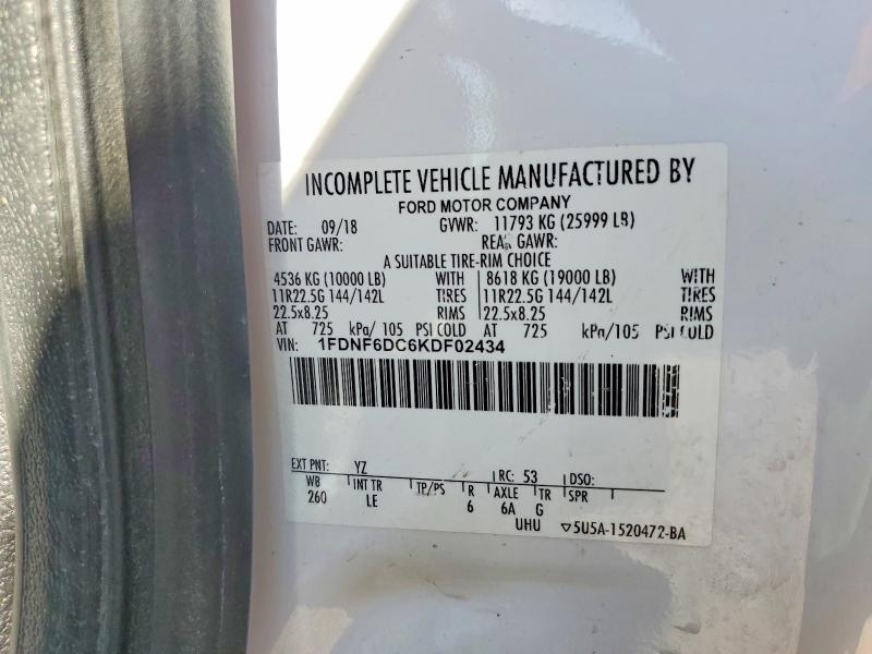 65586976 :رقم المزاد ، 1FDNF6DC6KDF02434 vin ، 2019 Ford F650 مزاد بيع