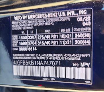 Aukcja sprzedaży 2022 Mercedes-benz Gle, vin: 4JGFB5KB1NA747071, numer aukcji: 63211846
