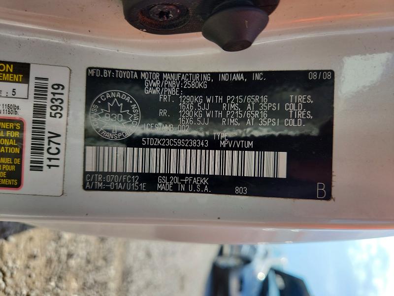 59136206 :رقم المزاد ، 5TDZK23C59S238343 vin ، 2009 Toyota Sienna مزاد بيع