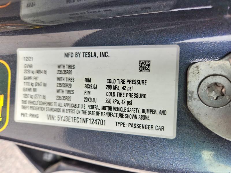 Aukcja sprzedaży 2022 Tesla Model 3, vin: 5YJ3E1EC1NF124701, numer aukcji: 65131026