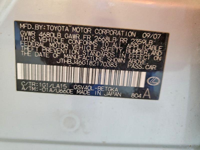 2008 Lexus Es მანქანა იყიდება აუქციონზე, vin: JTHBJ46G182170383, აუქციონის ნომერი: 64190566