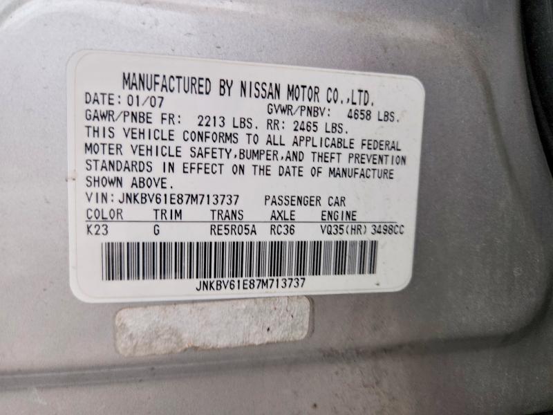 Aukcja sprzedaży 2007 Infiniti G35, vin: JNKBV61E87M713737, numer aukcji: 64780456