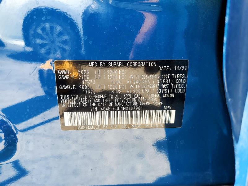 65009756 :رقم المزاد ، 4S4BTGUD1N3167961 vin ، 2022 Subaru Outback مزاد بيع