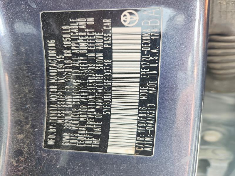 66063416 :رقم المزاد ، 5YFBURHE1GP393718 vin ، 2016 Toyota Corolla مزاد بيع