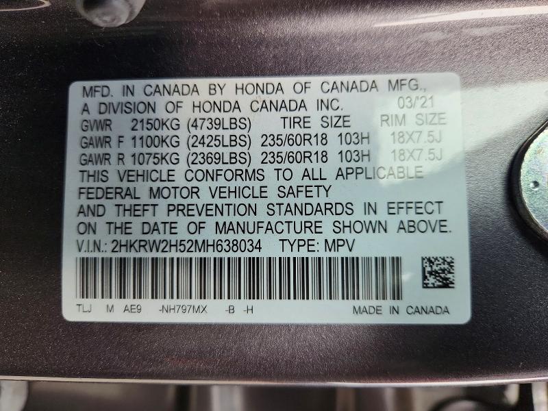 Aukcja sprzedaży 2021 Honda Cr-v, vin: 2HKRW2H52MH638034, numer aukcji: 64619276