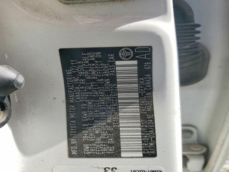 67088106 :رقم المزاد ، 2T1BU4EE8CC767226 vin ، 2012 Toyota Corolla مزاد بيع