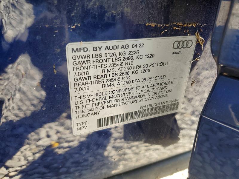 64812366 :رقم المزاد ، WA1EECF31N1124820 vin ، 2022 Audi Q3 مزاد بيع
