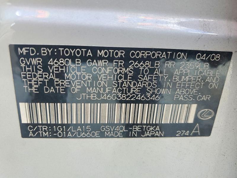 Продажа на аукционе авто 2008 Lexus Es, vin: JTHBJ46G382246346, номер лота: 67278106