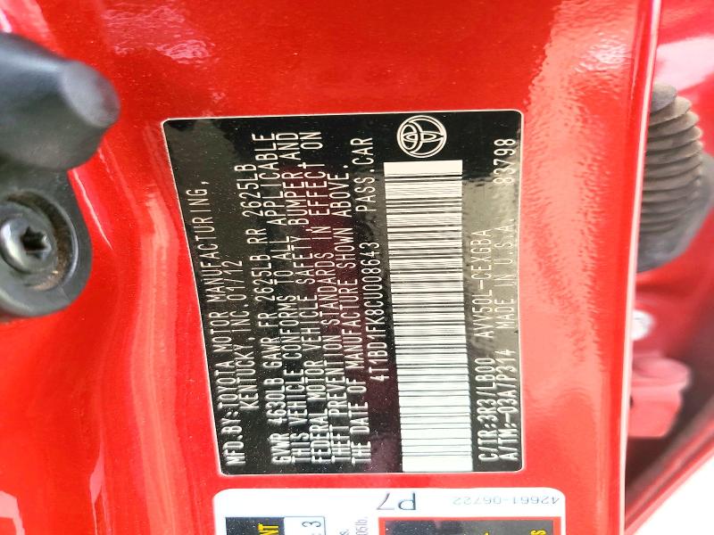 2012 Toyota Camry Hybrid მანქანა იყიდება აუქციონზე, vin: 4T1BD1FK8CU008643, აუქციონის ნომერი: 64666426