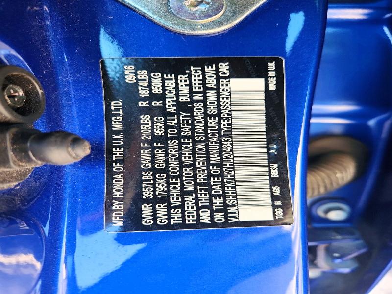 2017 Honda Civic მანქანა იყიდება აუქციონზე, vin: SHHFK7H27HU204843, აუქციონის ნომერი: 64695516