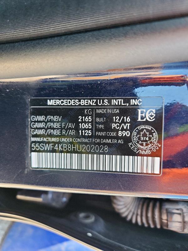 Aukcja sprzedaży 2017 Mercedes-benz C, vin: 55SWF4KB8HU202028, numer aukcji: 63135126