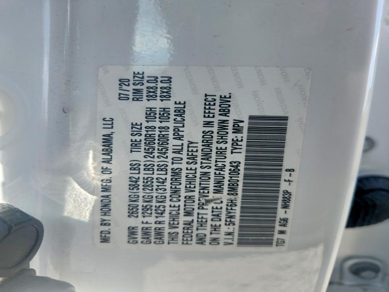 2021 Honda Pilot მანქანა იყიდება აუქციონზე, vin: 5FNYF6H58MB010643, აუქციონის ნომერი: 65627166