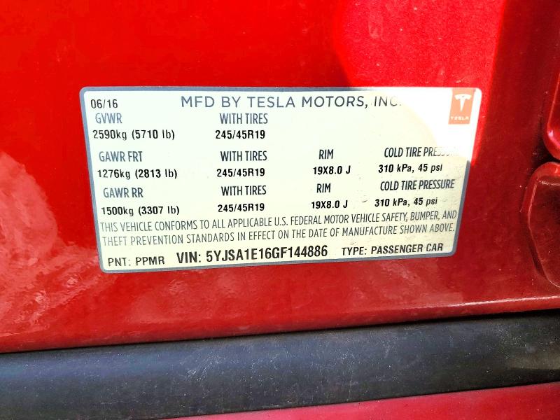 2016 Tesla Model S მანქანა იყიდება აუქციონზე, vin: 5YJSA1E16GF144886, აუქციონის ნომერი: 65407116