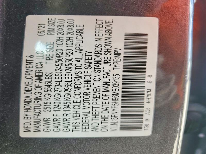 2021 Honda Pilot მანქანა იყიდება აუქციონზე, vin: 5FNYF5H96MB039135, აუქციონის ნომერი: 65041936