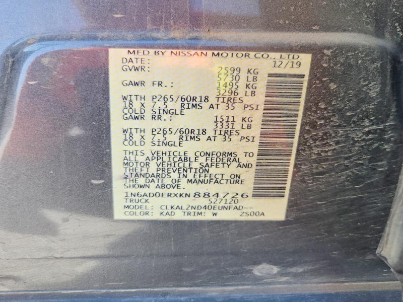65130356 :رقم المزاد ، 1N6AD0ERXKN884726 vin ، 2019 Nissan Frontier مزاد بيع