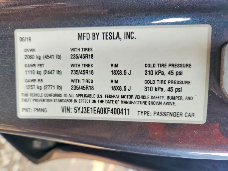 Продаж на аукціоні авто 2019 Tesla Model 3, vin: 5YJ3E1EA0KF400411, номер лоту: 61449236
