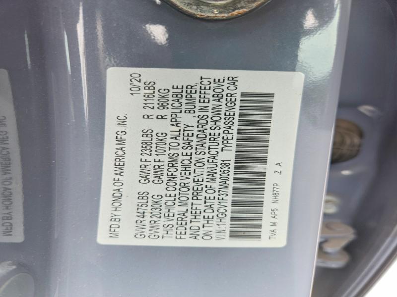 Aukcja sprzedaży 2021 Honda Accord, vin: 1HGCV1F37MA005381, numer aukcji: 66265806