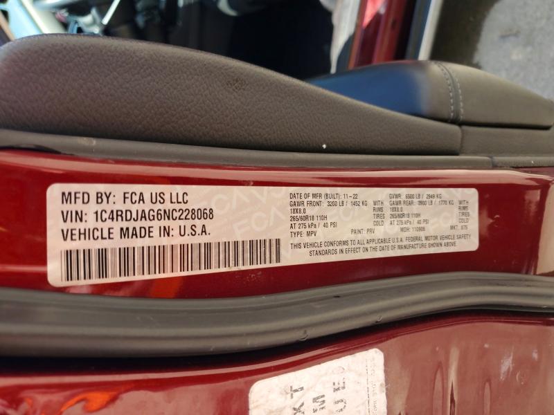 65234006 :رقم المزاد ، 1C4RDJAG6NC228068 vin ، 2022 Dodge Durango مزاد بيع