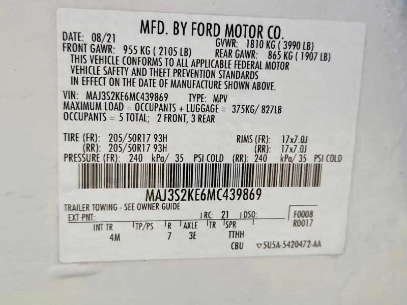 Aukcja sprzedaży 2021 Ford Ecosport, vin: MAJ3S2KE6MC439869, numer aukcji: 63517816