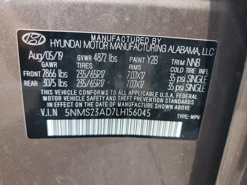64071016 :رقم المزاد ، 5NMS23AD7LH156045 vin ، 2020 Hyundai Santa Fe مزاد بيع