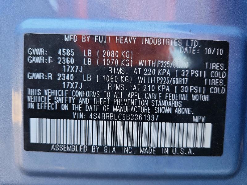 2011 Subaru Outback მანქანა იყიდება აუქციონზე, vin: 4S4BRBLC9B3361997, აუქციონის ნომერი: 64922976