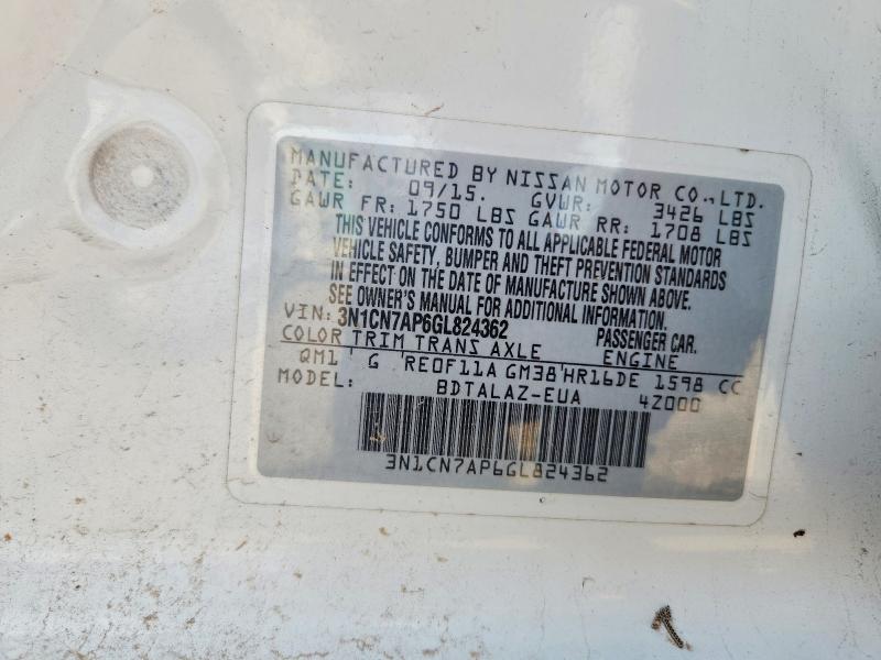 2016 Nissan Versa მანქანა იყიდება აუქციონზე, vin: 3N1CN7AP6GL824362, აუქციონის ნომერი: 65259916