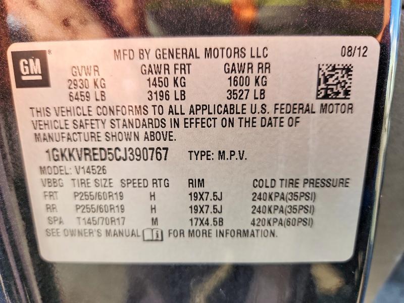 67101676 :رقم المزاد ، 1GKKVRED5CJ390767 vin ، 2012 Gmc Acadia مزاد بيع