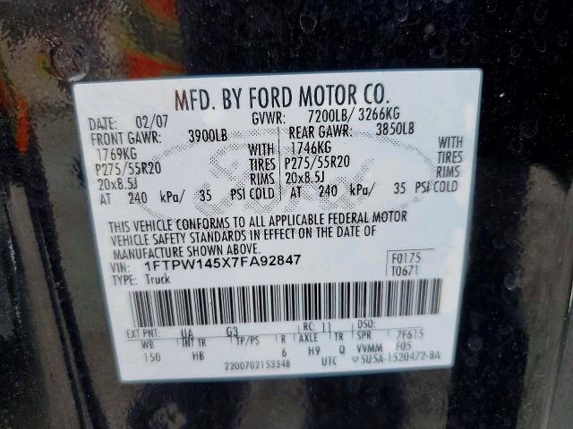 2007 Ford F150 მანქანა იყიდება აუქციონზე, vin: 1FTPW145X7FA92847, აუქციონის ნომერი: 65288346