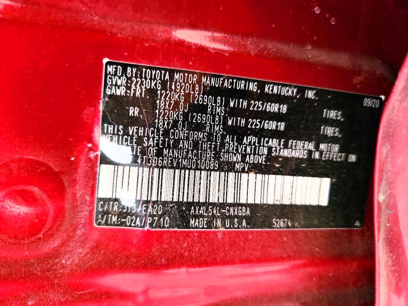 66242716 :رقم المزاد ، 4T3D6RFV1MU010089 vin ، 2021 Toyota Rav4 مزاد بيع