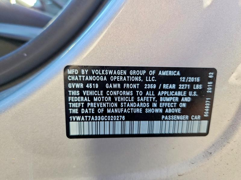 Aukcja sprzedaży 2016 Volkswagen Passat, vin: 1VWAT7A33GC020276, numer aukcji: 65394146