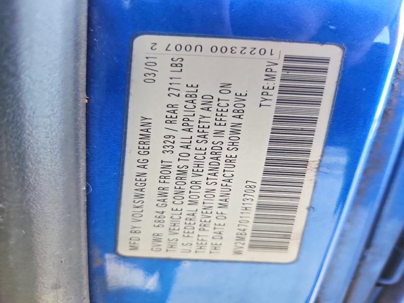 63251786 :رقم المزاد ، WV2MB47011H137087 vin ، 2001 Volkswagen Eurovan مزاد بيع