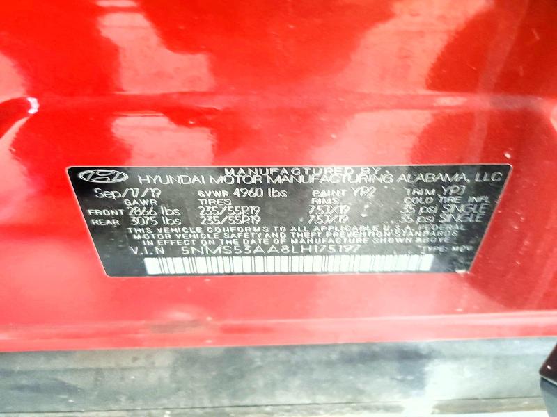 63172936 :رقم المزاد ، 5NMS53AA8LH175197 vin ، 2020 Hyundai Santa Fe مزاد بيع