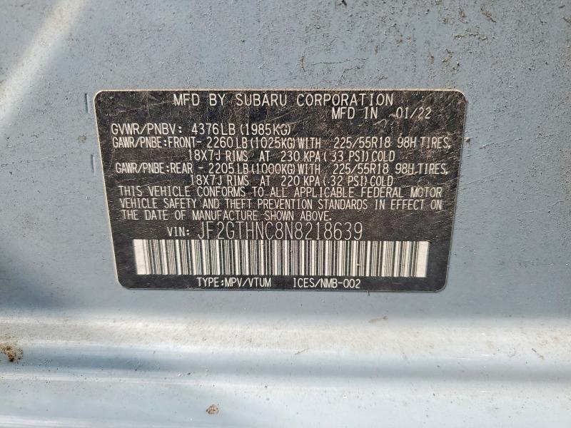 Aukcja sprzedaży 2022 Subaru Crosstrek, vin: JF2GTHNC8N8218639, numer aukcji: 66257106