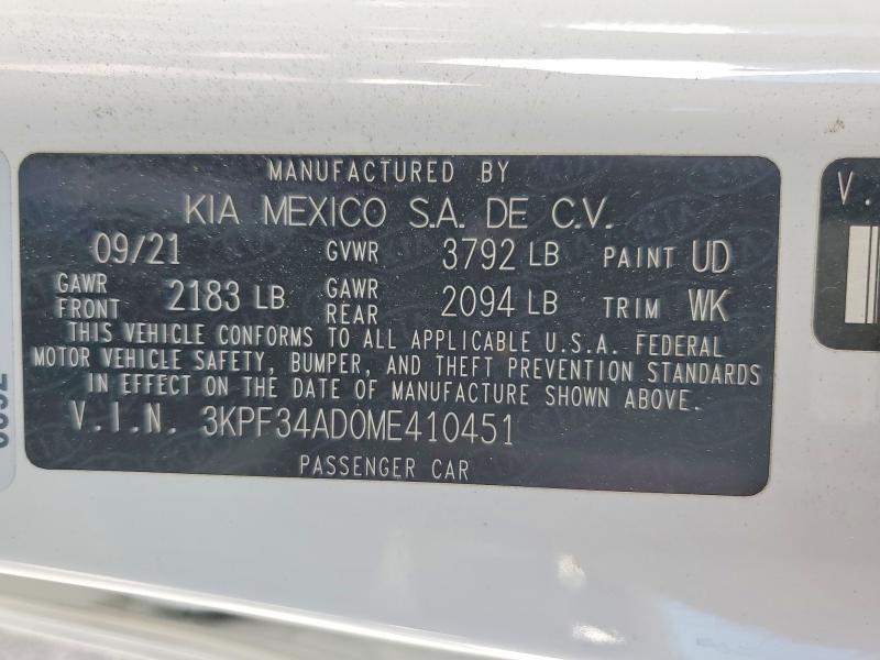 64023106 :رقم المزاد ، 3KPF34AD0ME410451 vin ، 2021 Kia Forte مزاد بيع