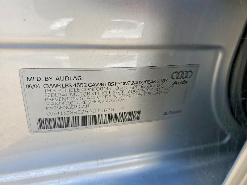 2005 Audi A4 მანქანა იყიდება აუქციონზე, vin: WAUJC68E25A015676, აუქციონის ნომერი: 67101016
