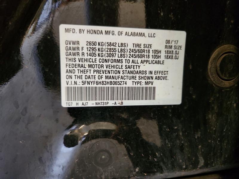 Aukcja sprzedaży 2017 Honda Pilot, vin: 5FNYF6H83HB065274, numer aukcji: 65513776