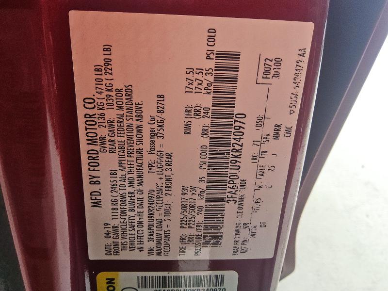 Aukcja sprzedaży 2019 Ford Fusion, vin: 3FA6P0LU9KR240970, numer aukcji: 66408346