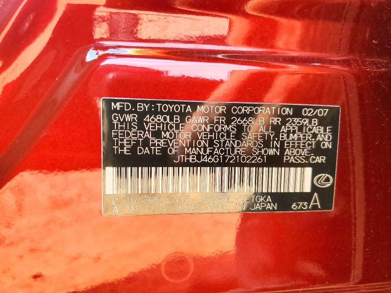 Продаж на аукціоні авто 2007 Lexus Es, vin: JTHBJ46G172102261, номер лоту: 66991596